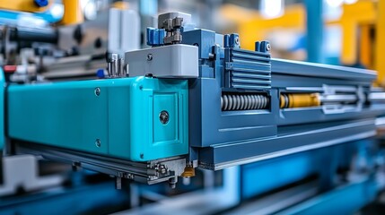 Close-up of Automated Manufacturing Machinery with Blue and Grey Components