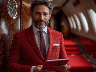 Confident Executive Arriving at Private Jet with Tablet on Red Carpet