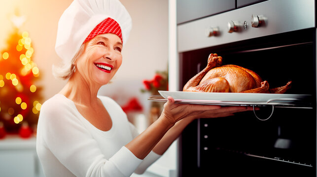 Anciana sonriente sostiene un plato de pavo navide&ntilde;o cocinado en el horno en una cocina moderna. Vacaciones de Navidad, comida y cena de a&ntilde;o nuevo en familia.