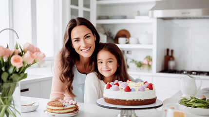 Retrato de una sonriente madre con su hija en una cocina moderna con un pastel  o tarta de cumpleaños. Recetas caseras. Concepto de familia y estilo vida.