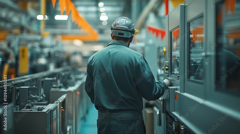 Poster a worker in a factory setting operating machinery