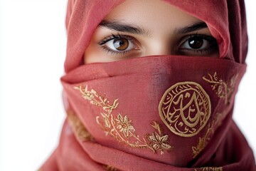A captivating portrait of a woman wearing a beautifully embroidered hijab. Her expressive eyes reveal emotions and stories. Cultural representation shines through. Generative AI