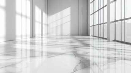 Spacious white room with large glass windows and polished marble flooring reflecting sunlight


