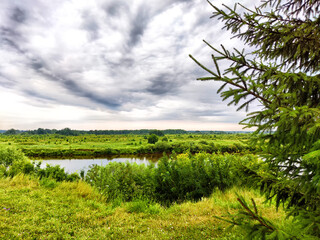 Obraz premium Lush greenery borders a calm river under an overcast sky, creating a serene atmosphere in a peaceful natural setting