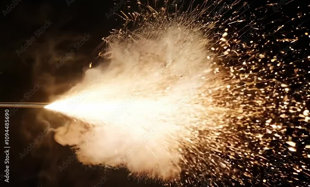 Poster bright sparks and flames erupt from nozzle, creating firework explosion of light.