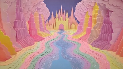 A radiant paper-cut world with shimmering rivers and glowing paths leading to a colorful castle.