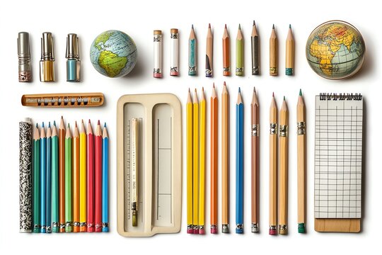 Flat lay of vintage school supplies with colored pencils, globes, notebooks, a ruler, and an eraser. - Powered by Adobe
