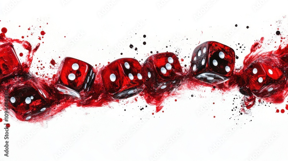 Poster Artistic depiction of rolling red dice with splashes of vivid red paint against a white background, creating a dynamic and energetic visual effect for game-themed content