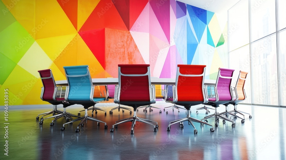 Poster a realistic depiction of colorful abstract figures seated around a round table, discussing in a brig