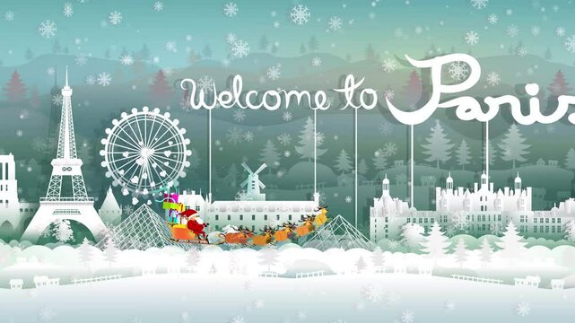 Santa claus and Reindeers with snow sled and Festive boxes of Christmas present with travel Paris in France for anniversary happy new year, 3D rendering illustration.