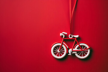 a small ornament in the shape of a bicycle hanging against a red background. a festive and whimsical decoration, for use during the holiday season.