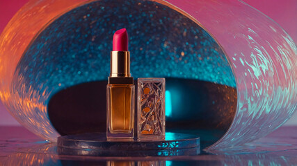 A chic hot pink lipstick surrounded by a textured metallic case and a backdrop of glowing abstract design.