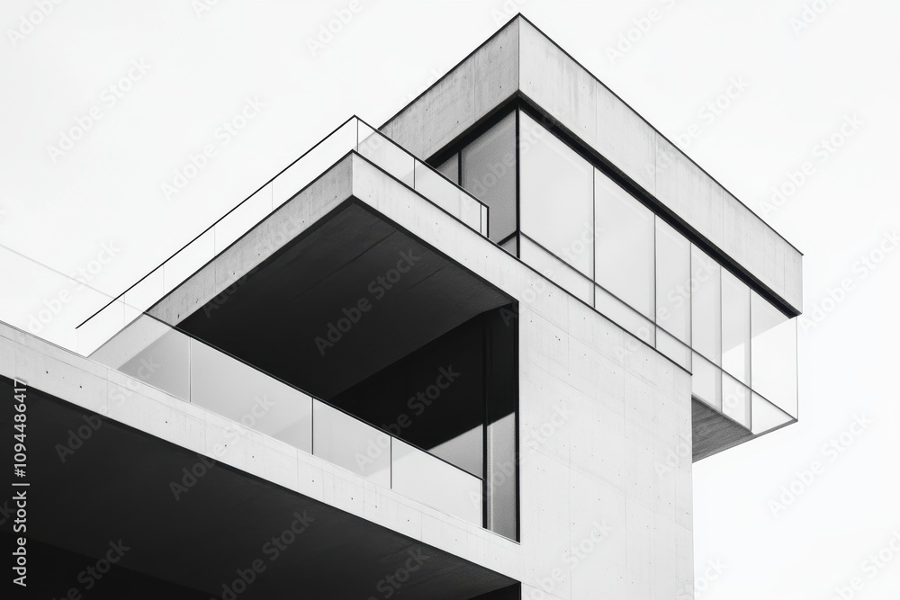 Poster modern architectural structure with clean lines and large glass elements.