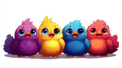 Fototapeta premium Four cartoon birds, purple, yellow, blue, red, standing in a row, smiling.