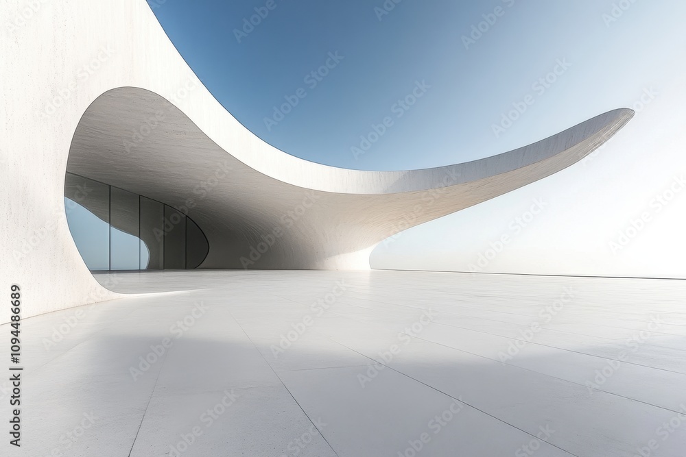 Poster a modern architectural structure with flowing lines and a minimalist design against a clear sky.