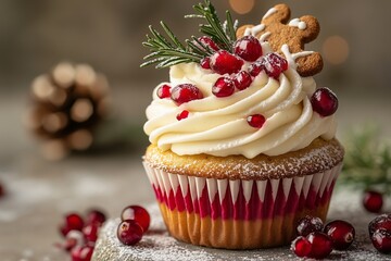 Festive Chocolate Cupcake with Vanilla Frosting, Garnished with Fresh Cranberries, Rosemary Sprigs, and a Decorated Gingerbread Cookie for a Holiday Delight