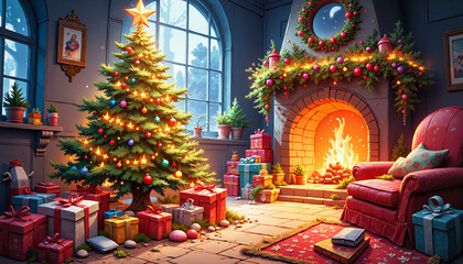 Cozy Christmas living room with tree, gifts, and fireplace