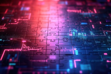 Holographic puzzle grid with financial data investor integrating energy and tech sector pieces