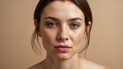 A serene portrait of a woman with freckles, emphasizing natural beauty and an expression of calm simplicity.