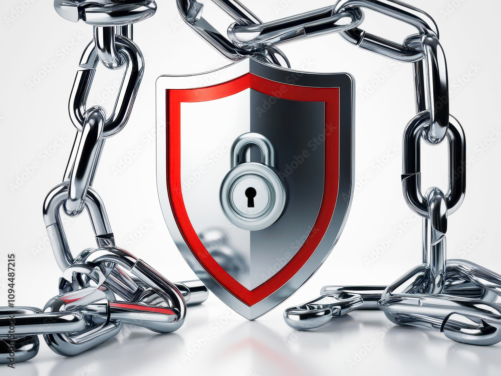 Poster anti tracking and security, shield and lock surrounded by chains, symbolizing security and protectio