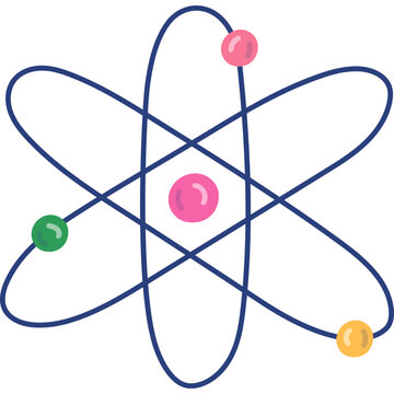 Cute cartoon atom diagram with neutron, proton, and electron. Hand drawn atomic structure as sign of science, physics, chemistry and nuclear model. Scientific clipart isolated on white background.