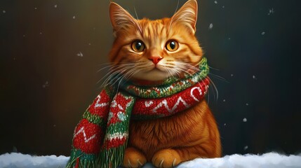 Adorable Ginger Cat with Big Eyes Wearing a Colorful Knitted Scarf Sitting in the Snowy Winter Wonderland Surrounded by Soft Snowflakes and Warm Atmosphere