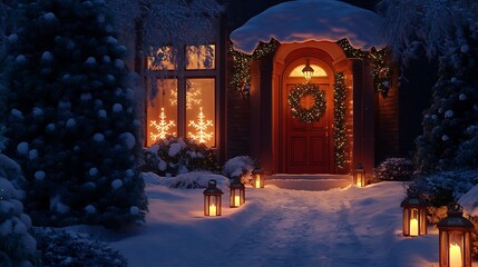 A cozy home entrance with a menorah glowing in the window and a Christmas wreath on the door, a snowy pathway lined with soft glowing lanterns, warm and inviting holiday vibe,