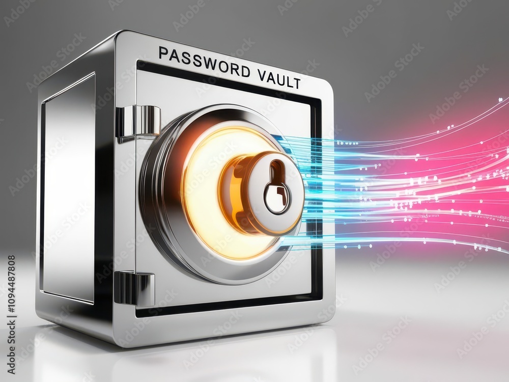 Aufkleber anti tracking and security, secure vault for passwords with vibrant digital effects emanating from i