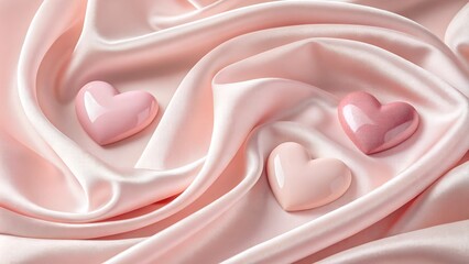 Obraz premium Elegant pink silk fabric with heart-shaped glossy stones for romantic decor
