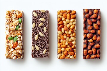 Four different types of granola bars arranged in a row on a white background.