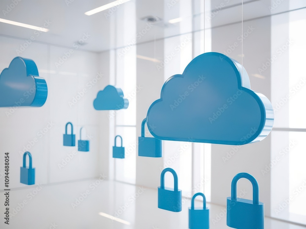 Poster anti tracking and security, clouds with locks symbolize cloud security and data protection in a mode