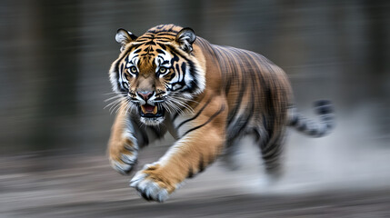 Obraz premium A tiger mid-pounce in a forest clearing its eyes focused and determined.