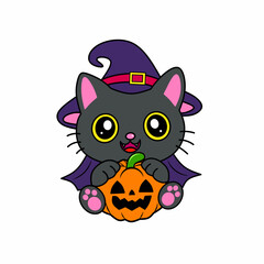 Cute Witch Cat hugging Halloween pumpkin. Animal vector illustration isolated on white.