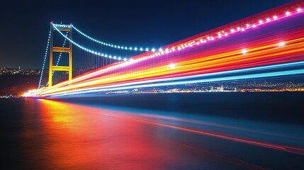 Vibrant Night Lights Over Bridge and Water Scene