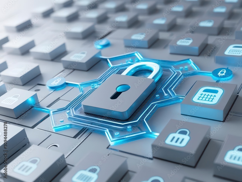 Poster anti tracking and security, digital lock symbol on a keyboard illustrating cybersecurity concepts.