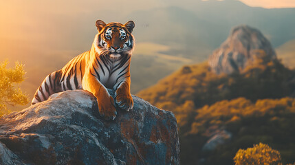 A tiger perched on a rock ledge at dawn its piercing eyes illuminated by the golden sunrise.