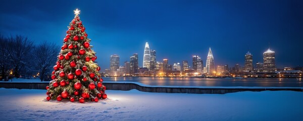 Festive Christmas tree shines brightly against city skyline in winter evening