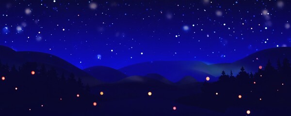 Naklejka premium Starry night sky illuminating tranquil mountains with twinkling stars and soft glowing lights