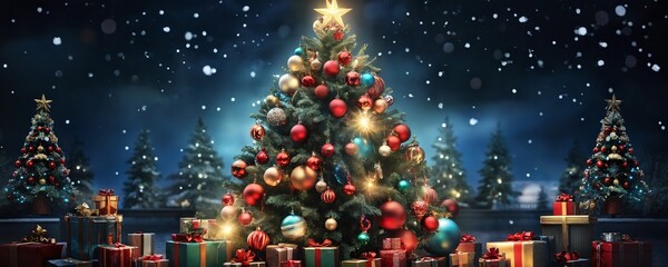 Decorated Christmas tree surrounded by colorful gifts in a winter wonderland at night