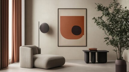 Home office setting with a poster frame on the wall, framed by minimalist furnishings and modern decor