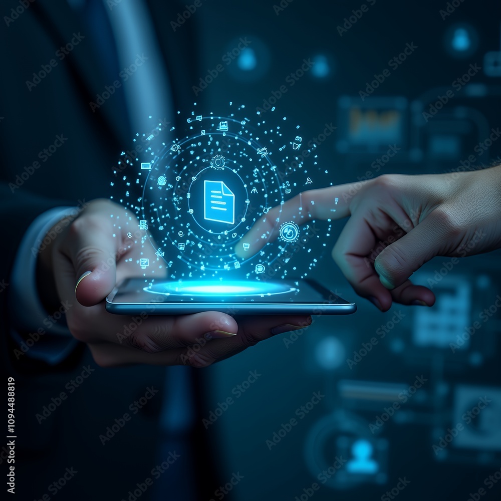 Poster Digital File Download and Data Transfer Technology Man Interacting with Digital Interface for Seamless File Management in Business Operations