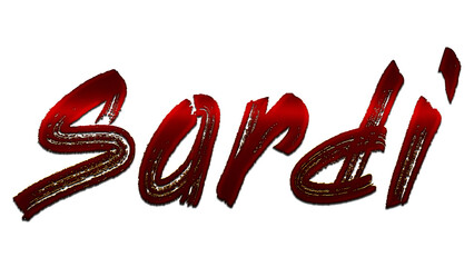 3D blood red Hindi word design of Sardi on white background.