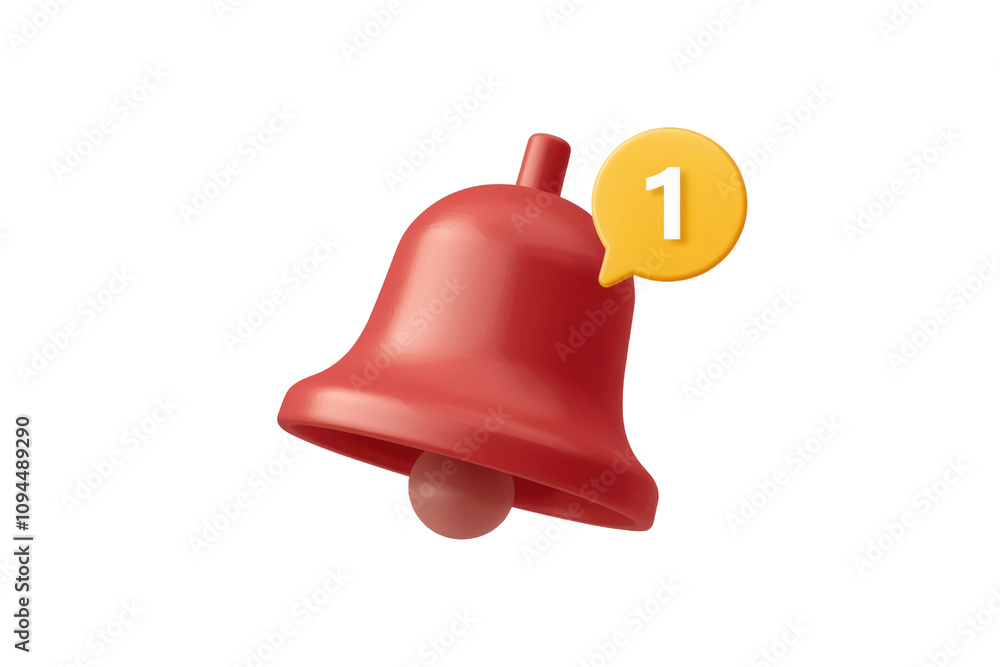 Leinwandbilder 3d render of a red bell with a yellow notification bubble showing one. background removed