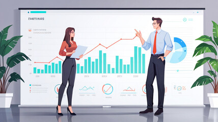 Two business professionals conduct a presentation using detailed charts and graphs. The meeting demonstrates data analysis, teamwork, and strategic planning in a modern office environment.