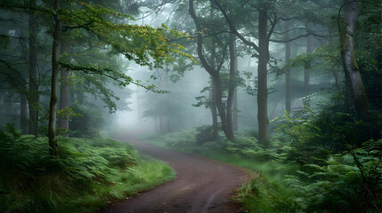 Obraz premium Tranquil forest paths bathed in morning mist, nature photography