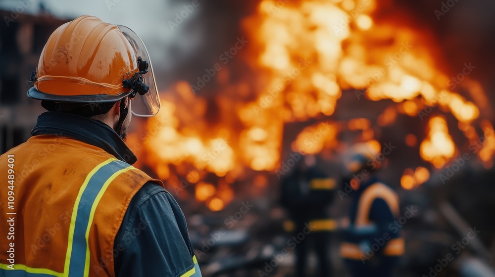 Poster firefighter observing intense blaze and emergency response action amidst a devastating fire scene wi