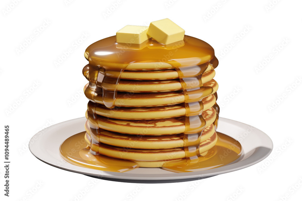 Poster A stack of fluffy pancakes drenched in golden syrup and topped with butter. background removed