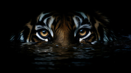 A tigers face partially submerged in water its intense eyes watching from above the surface.