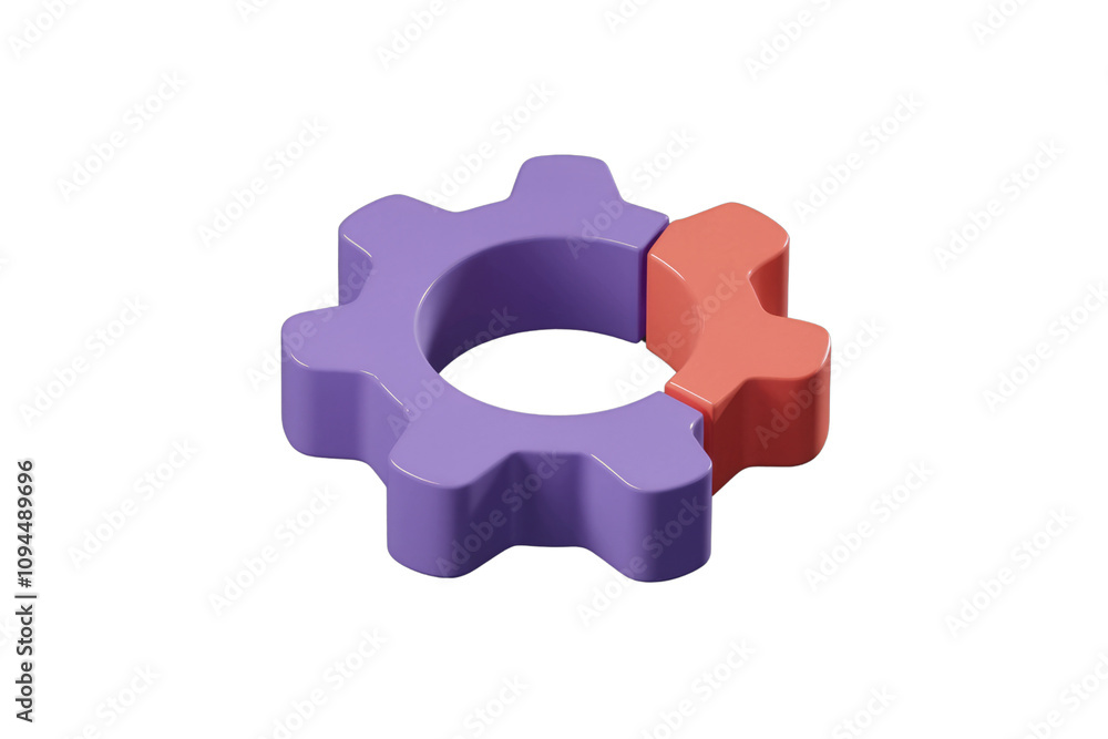 Poster 3d render of a purple and orange gear symbolizing teamwork and collaboration. background removed