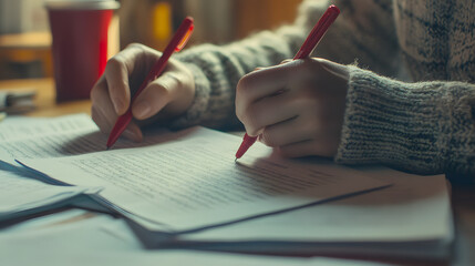 A teacher grading and reviewing essays at a desk covered with papers and red pens.